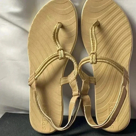 SPERRY TO SIDER WO SIZE 8 GOLD THONG SANDAL ADJ ANKLE STRAP HOOK LOOP CLOSE - Picture 4 of 12